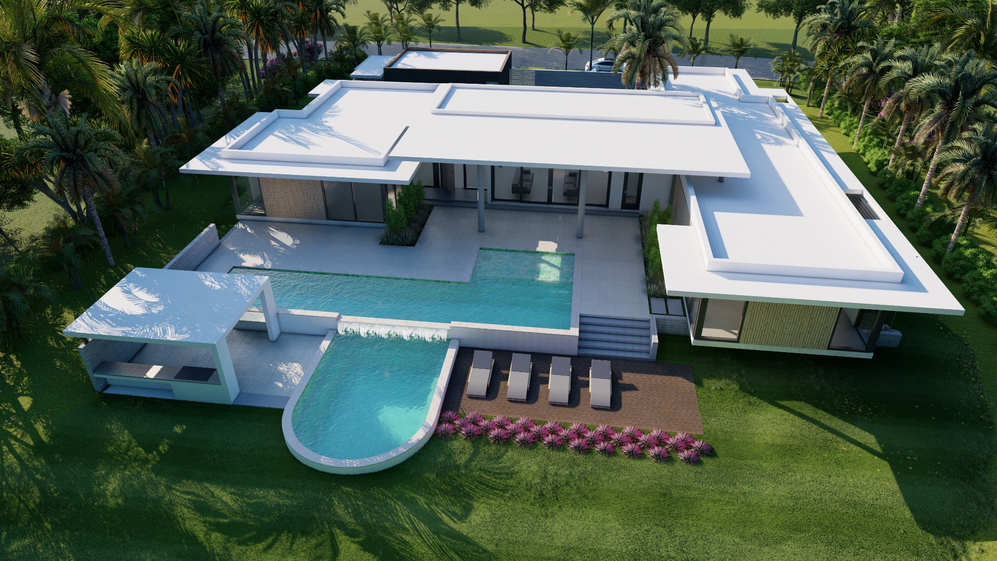 Aerial view of the terraced pool, cabana and residence
