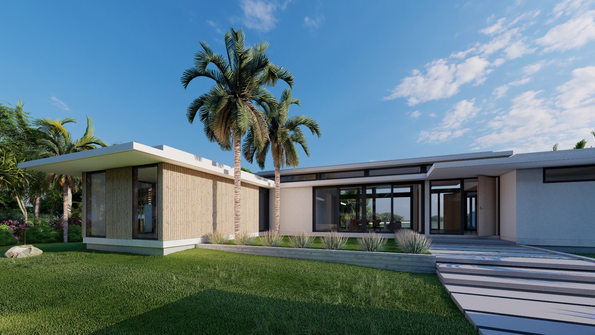 Garden court and living spaces