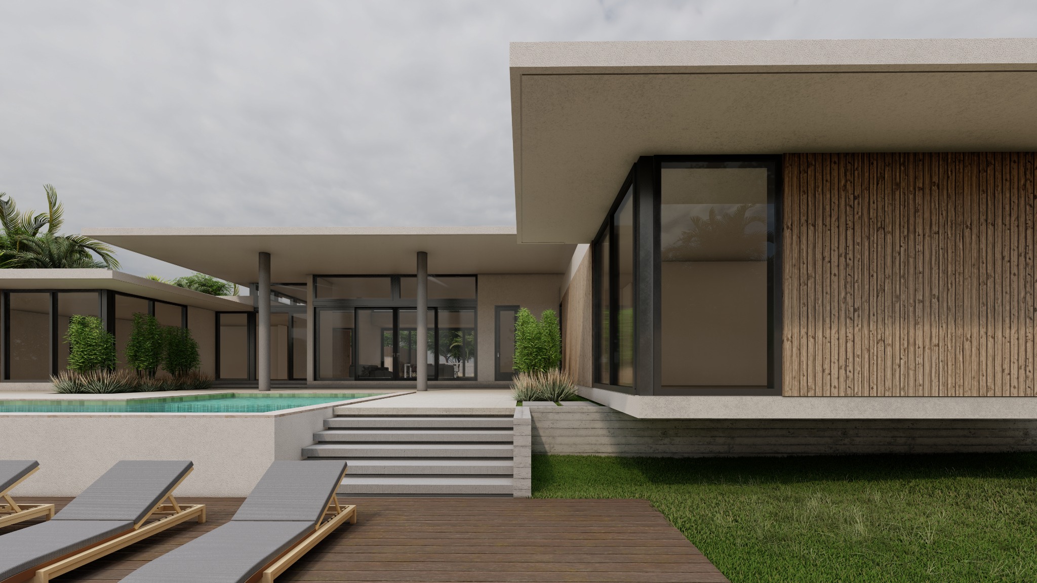 Pool terrace and bedroom pavilion