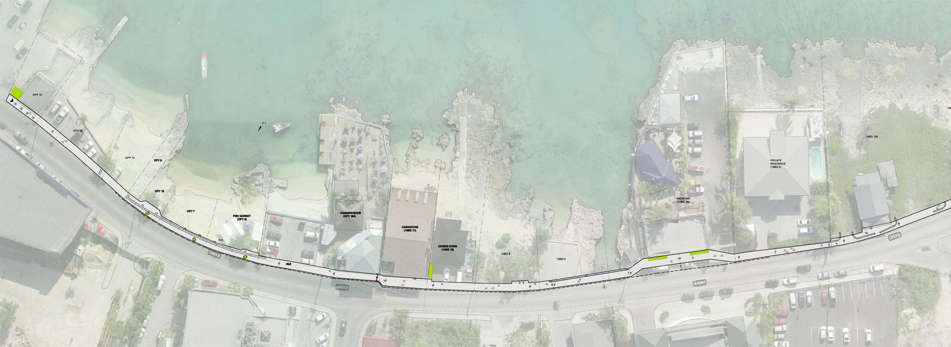 Aerial view of seaside buildings and road