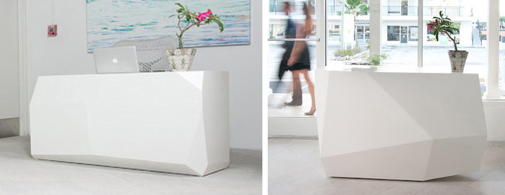 Modern white reception desks with plants