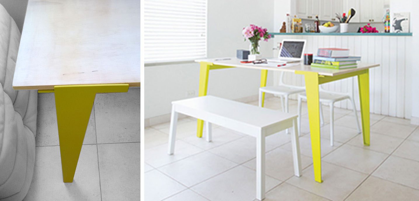 Yellow-legged table with white bench