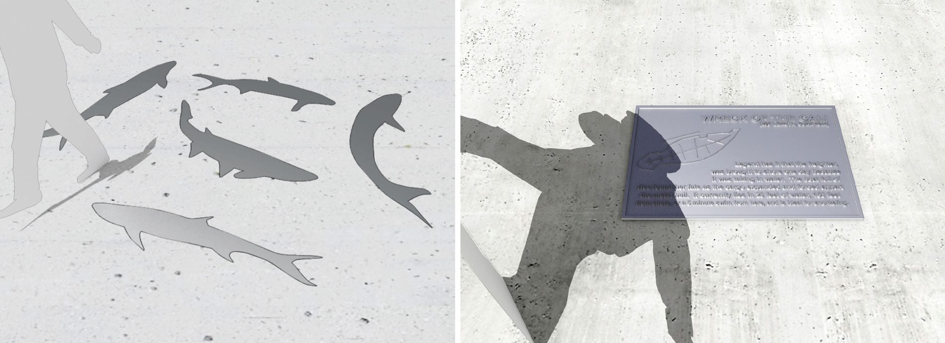 Silhouette of fish and plaque on ground