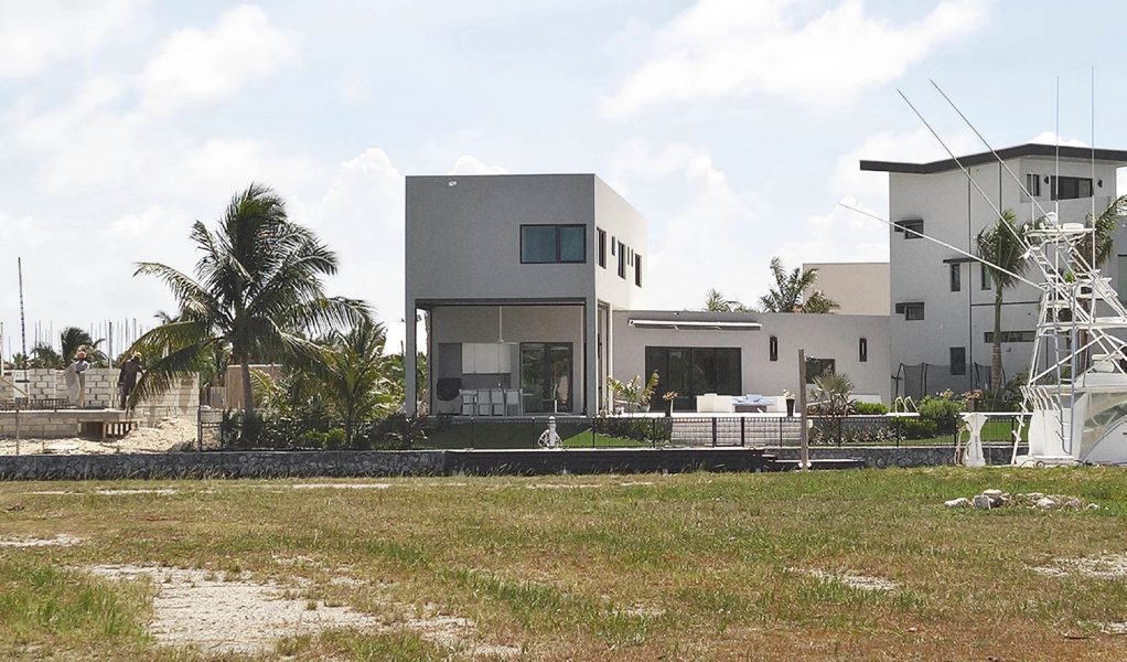 Modern beachfront house with palm trees