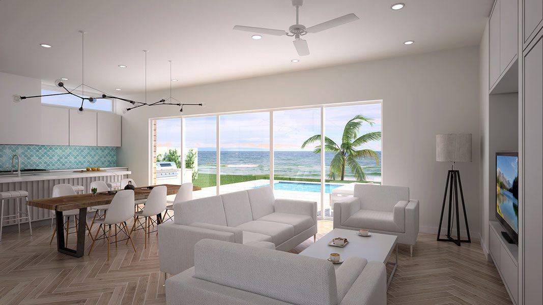 Modern beachfront living room with ocean view